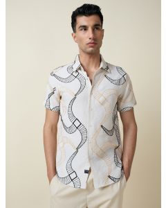 Beige Short Sleeves Spread Collar Regular Fit Embroidered Shirt