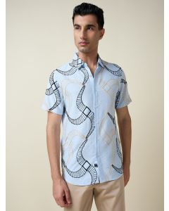 Blue Short Sleeves Spread Collar Regular Fit Embroidered Shirt