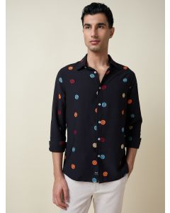 Black Long Sleeves Spread Collar Regular Fit Embroidered Shirt