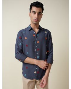 Mid Blue Long Sleeves Spread Collar Regular Fit Embroidered Shirt