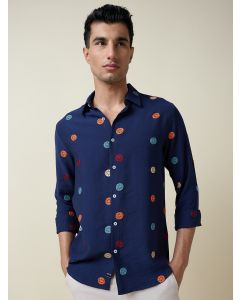 Navy Blue Long Sleeves Spread Collar Regular Fit Embroidered Shirt