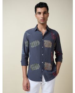 Mid Blue Long Sleeves Spread Collar Regular Fit Embroidered Shirt