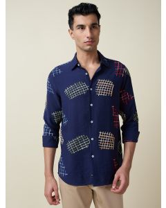 Navy Long Sleeves Spread Collar Regular Fit Embroidered Shirt