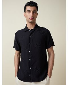 Black Short Sleeves Spread Collar Regular Fit Embroidered Shirt