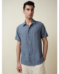 Grey Short Sleeves Spread Collar Regular Fit Embroidered Shirt