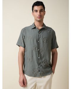 Olive Short Sleeves Spread Collar Regular Fit Embroidered Shirt