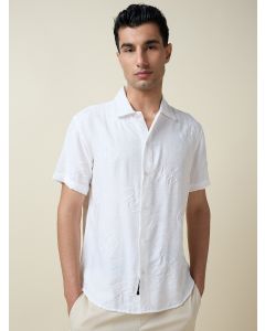 White Short Sleeves Spread Collar Regular Fit Embroidered Shirt