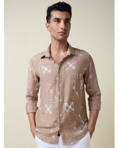 Beige Long Sleeves Spread Collar Regular Fit Embroidered Shirt