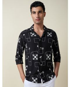 Black Long Sleeves Spread Collar Regular Fit Embroidered Shirt
