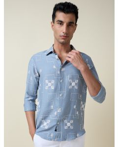 Blue Long Sleeves Spread Collar Regular Fit Embroidered Shirt