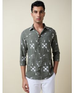 Olive Long Sleeves Spread Collar Regular Fit Embroidered Shirt