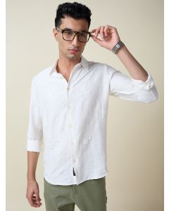 White Long Sleeves Spread Collar Regular Fit Embroidered Shirt