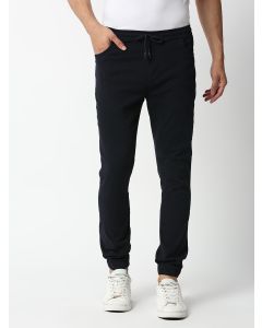 Dark Navy Regular Fit Mid-Rise Solid Knitted Joggers