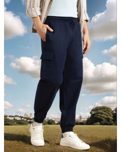 Navy Cricket Club Collection Cargo Fit Mid Rise Solid 100% Cotton Woven Joggers