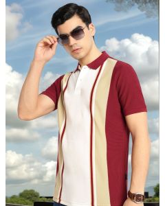 Brick Red Regular Fit Short Sleeves Striped Cotton Polyester Knitted Polo Collar Tshirt