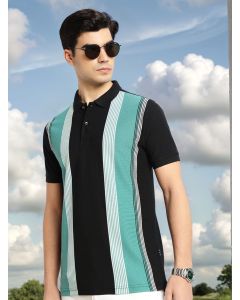 Black Regular Fit Short Sleeves Striped Cotton Polyester Knitted Polo Collar Tshirt