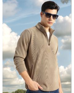 Beige Regular Fit Long Sleeves Mock Collar Solid 100% Polyester Half-Zip Knitted Sweatshirt