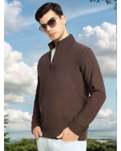 Brown Regular Fit Long Sleeves Mock Neck Half-Zip Solid Polyester Knitted Sweatshirt