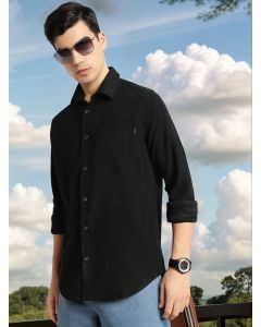 Black Relaxed Fit Long Sleeves Spread Collar Corduroy Casual Shirt