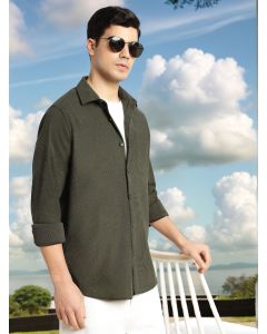 Olive Relaxed Fit Long Sleeves Spread Collar Corduroy Casual Shirt