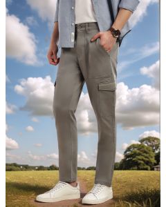 Grey Cricket Club Collection Relaxed Fit Cotton Solid Woven Cargo Trouser