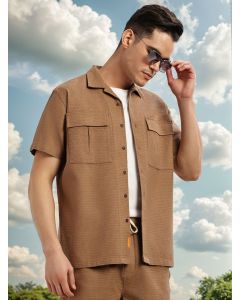 Brown Cricket Club Collection Oversized Fit Short Sleeves Textured Cotton Casual Shirt