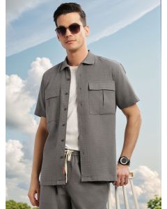 Grey Cricket Club Collection Oversized Fit Short Sleeves Textured Cotton Casual Shirt