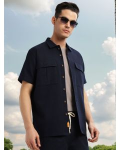 Navy Cricket Club Collection Oversized Fit Short Sleeves Textured Cotton Casual Shirt