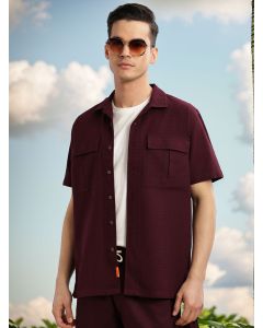 Wine Cricket Club Collection Oversized Fit Short Sleeves Textured Cotton Casual Shirt