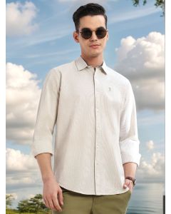 Beige Cricket Club Collection Slim Fit Long Sleeves Spread Collar Pinstripe Cotton Linen Casual Shirt
