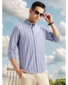 Blue Cricket Club Collection Slim Fit Long Sleeves Button Down Collar Vertical Stripes Oxford Casual Shirt