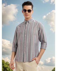 Navy Cricket Club Collection Slim Fit Long Sleeves Button Down Collar Vertical Stripes Oxford Casual Shirt
