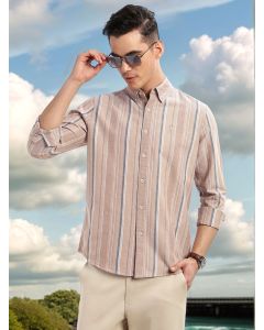 Beige Cricket Club Collection Slim Fit Long Sleeves Button-Down Collar Multi Stripe Cotton Casual Shirt