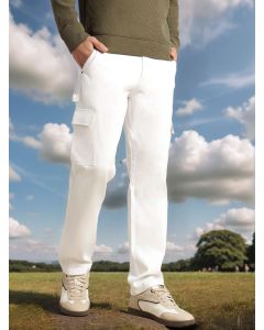 White Cricket Club Collection Straight Fit Mid-Rise 100% Cotton Woven Cargo Trouser