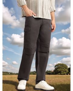 Dark Grey Cricket Club Collection Mid-Rise 100% Cotton Loose Fit Solid Woven Cargo Trouser